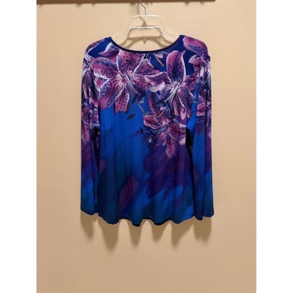 Bob Mackie Wearable Art Floral Long Sleeve Blouse Blue Purple Jersey Knit Lg - Picture 3 of 15